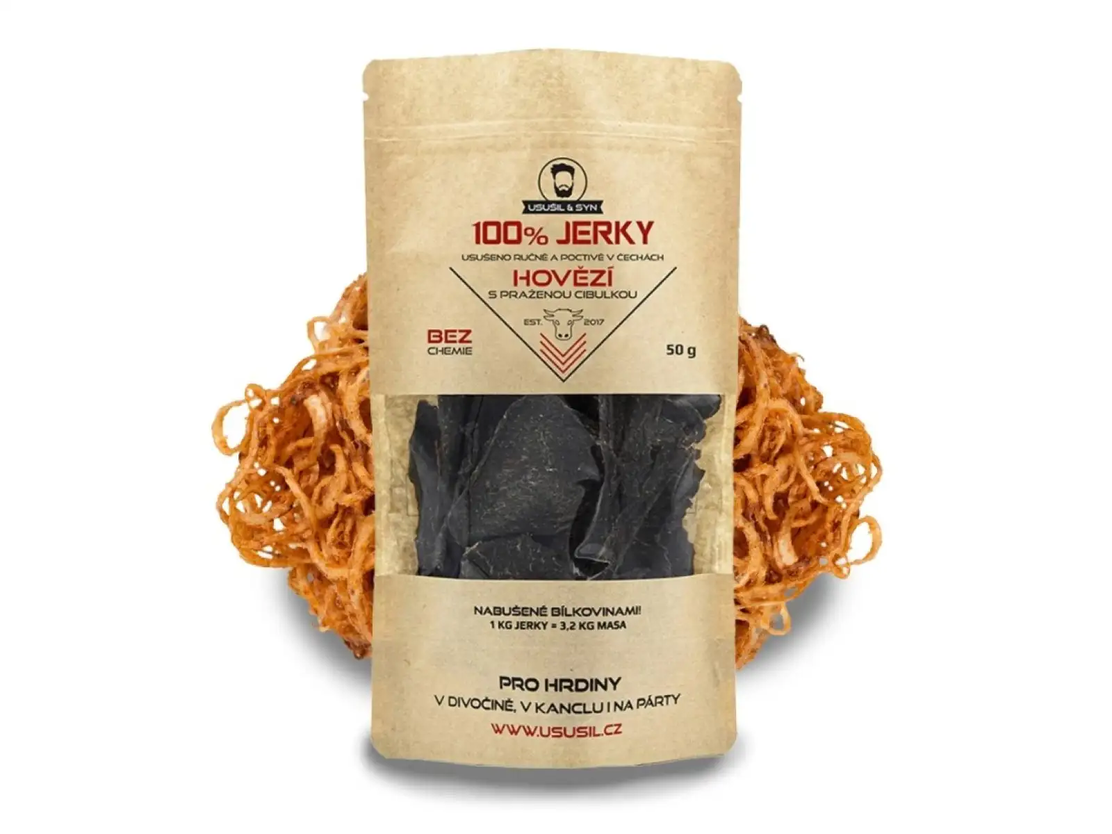 Usušil & syn 100% JERKY Rindfleisch mit gerösteten Zwiebeln 50 g