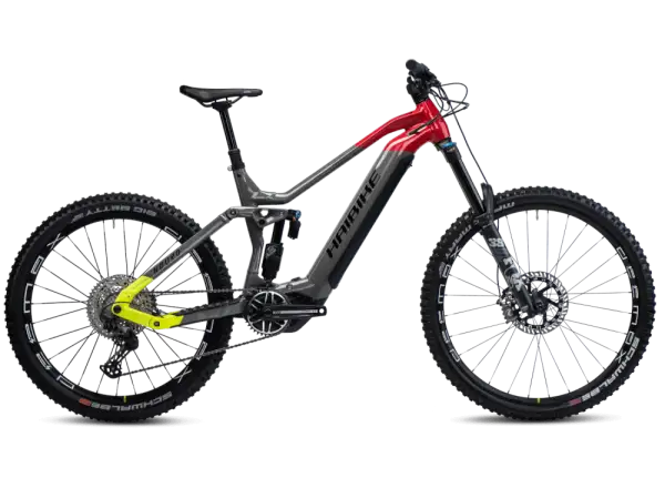 Haibike Nduro 7 in Glanz Grau Rot Limette, vollgefedertes Elektrofahrrad.
