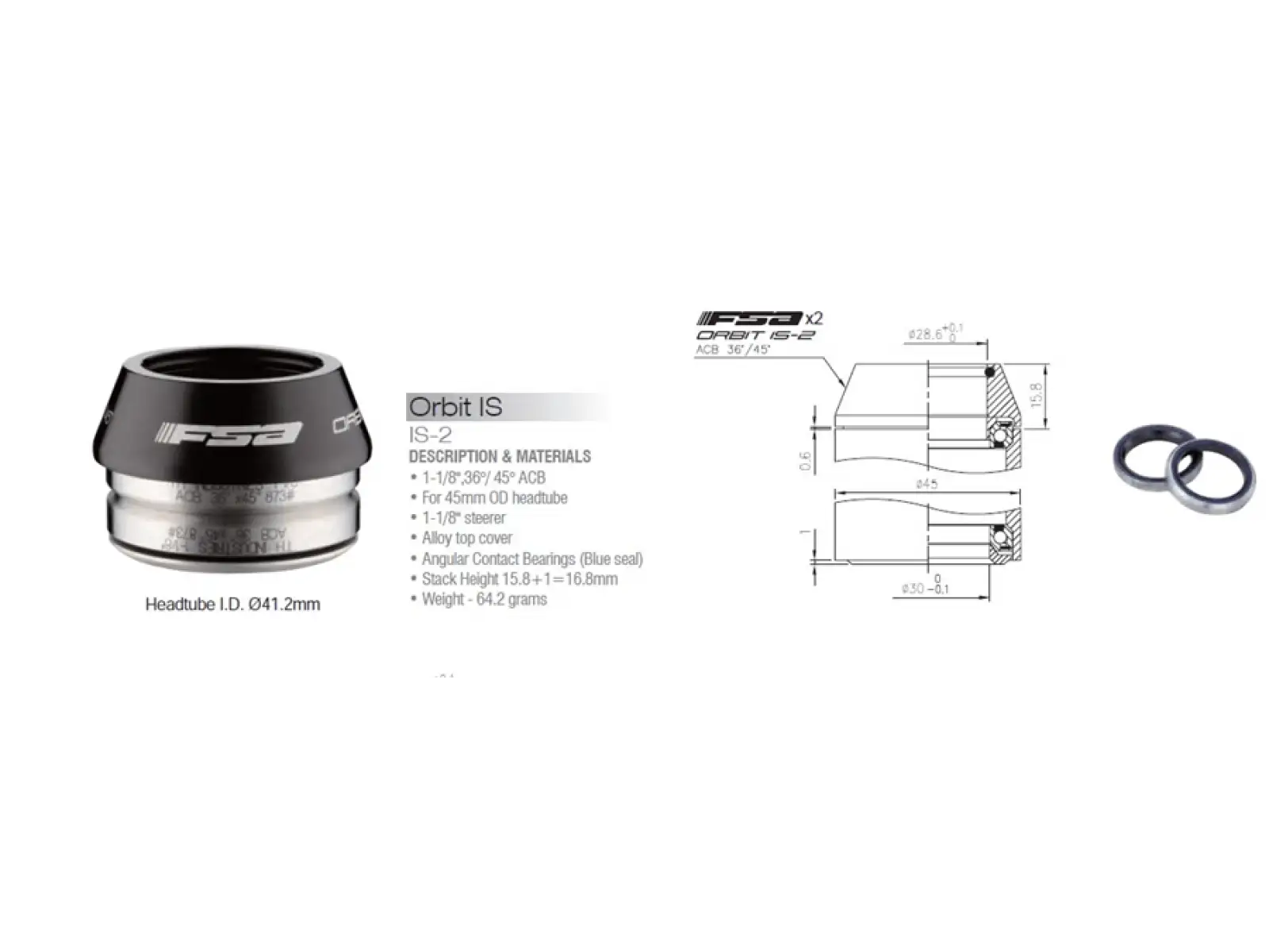 FSA Orbit IS2 41.2 mm integriertes Steuersatzlager 1 1/8" 36/45 8 mm.