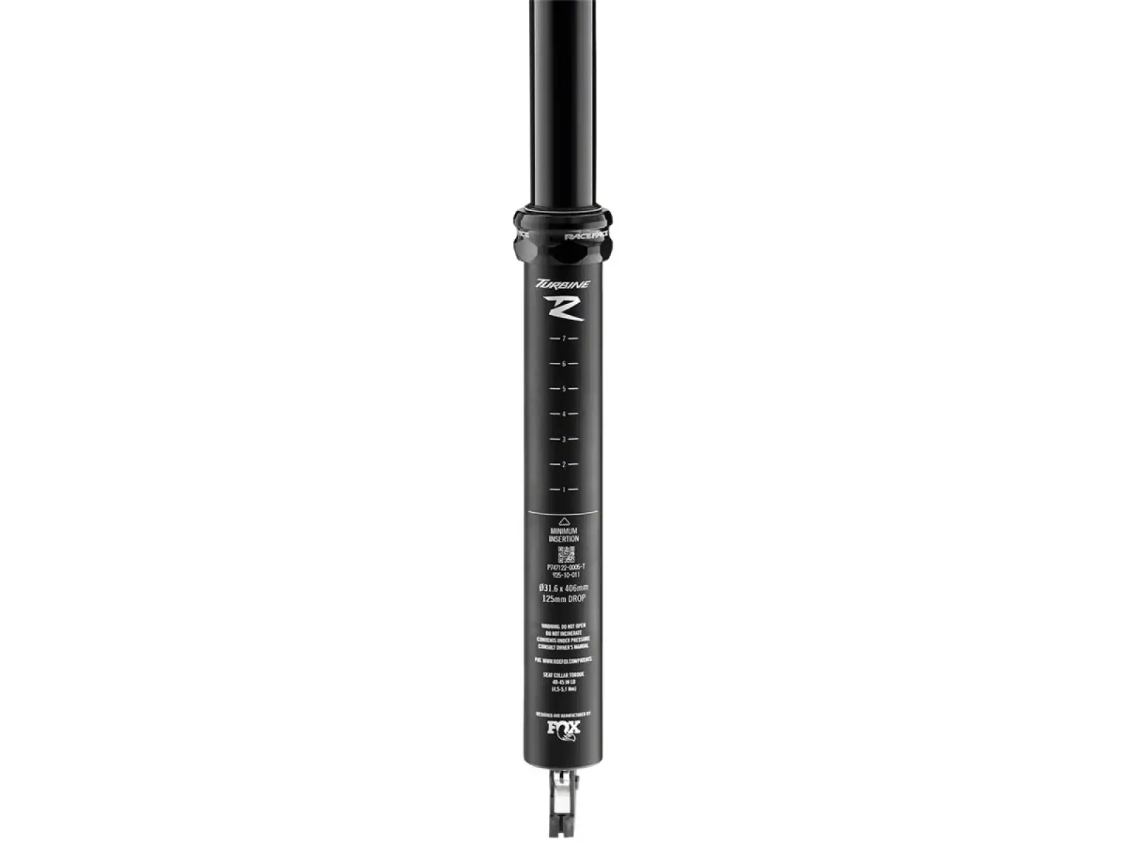 Race Face Turbine R verfügt über 125mm Federweg und ist in der Größe 31,6x380 mm erhältlich. Es handelt sich um eine schwarze Teleskopsattelstütze.ä