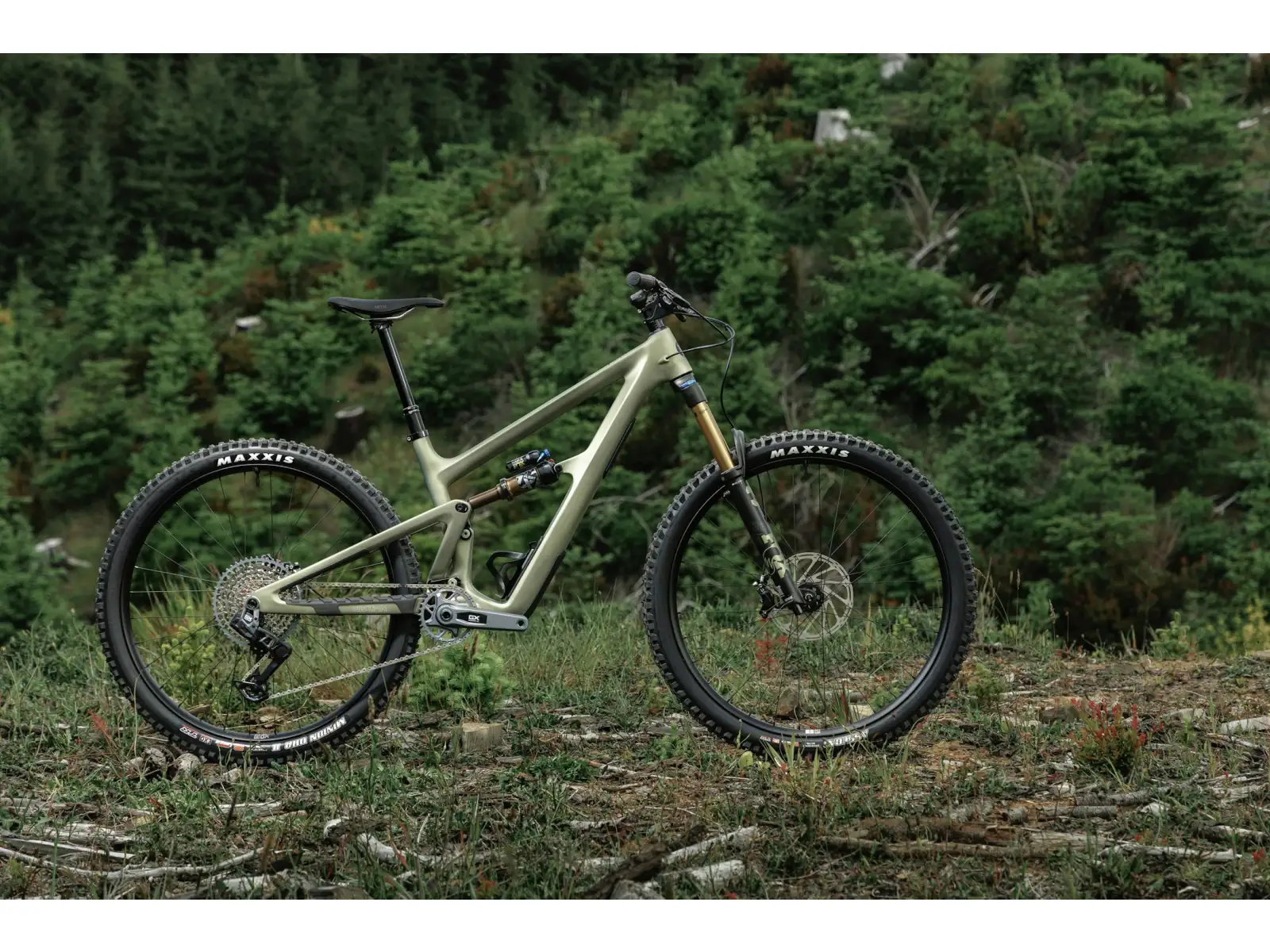 Ich habe ein Ibis Ripmo V3 Deore XT Mountainbike in der Olive Swamp Monster Farbe.