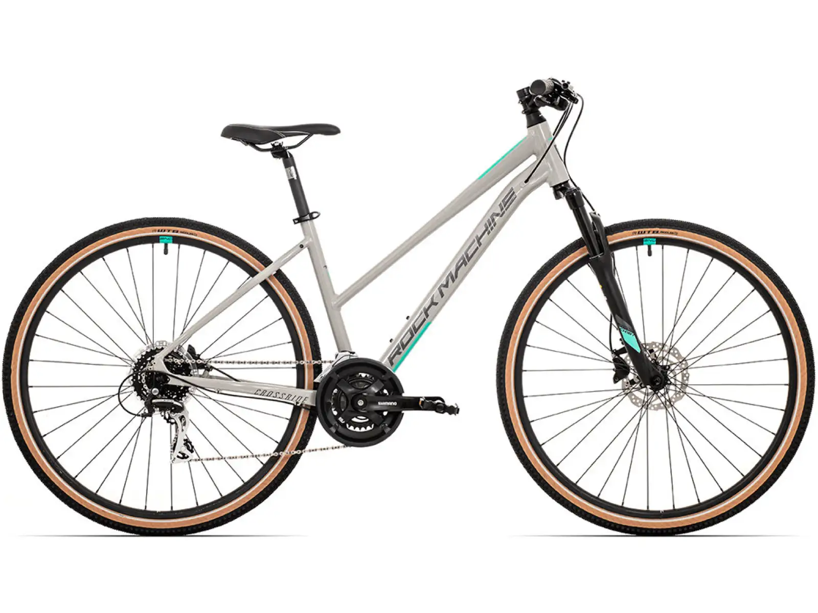 Rock Machine CrossRide 300 Lady in glänzendem Hell- und Dunkelgrau, Damen-Trekkingrad.