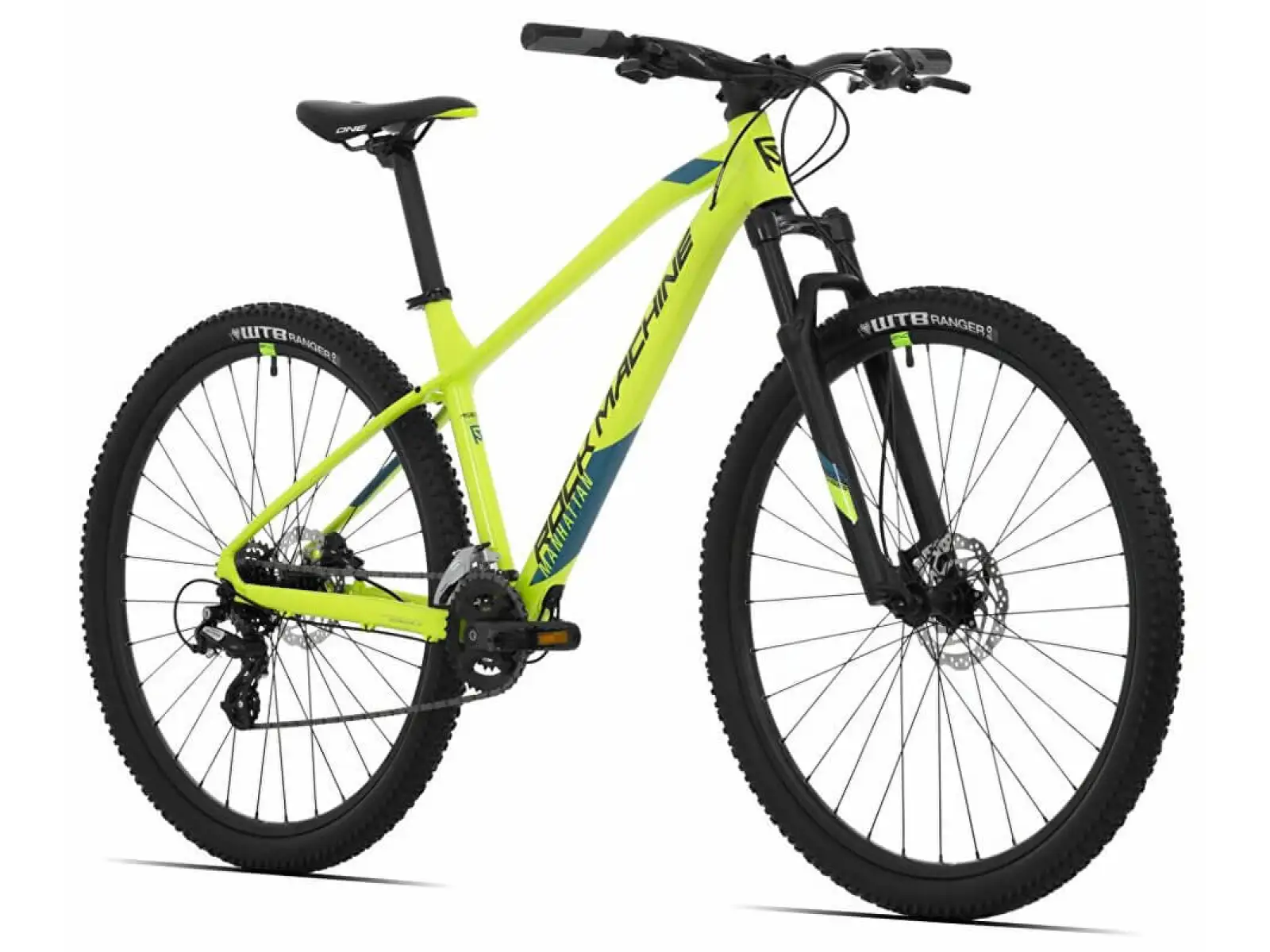 Rock Machine Manhattan 40-29 Mountainbike in Gloss Radioactive Gelb/Schwarz/Petrol Blau.