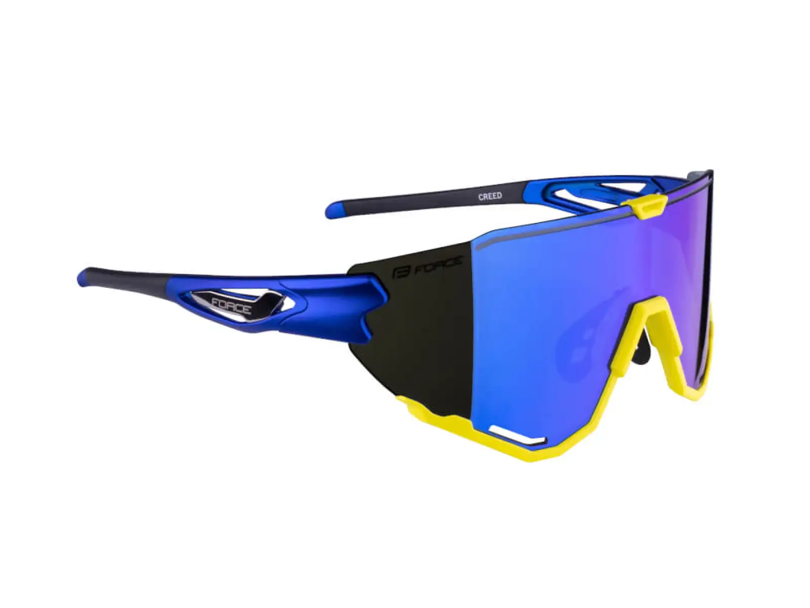 Force Creed Brille in Fluoreszierendem Blau mit blauen Revo-Gläsern.