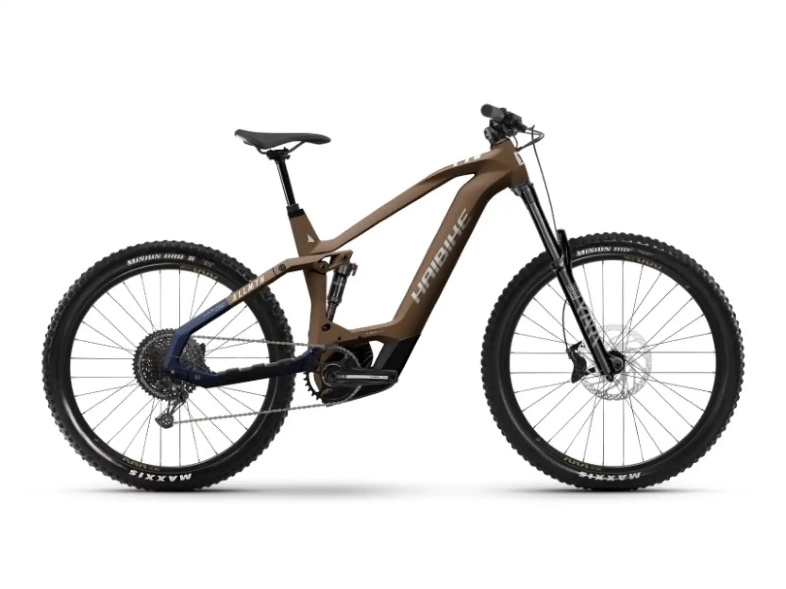 Haibike AllMtn CF 8 Fully-Suspended E-Bike in Choco/Midnight.