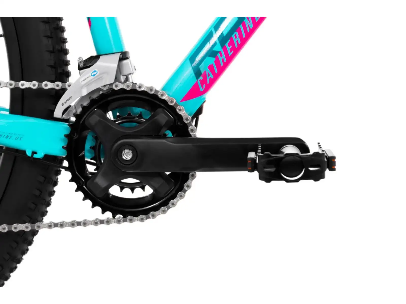 Rock Machine Catherine 10-29 in Neon Cyan/Petrol/Pink mountain bike.