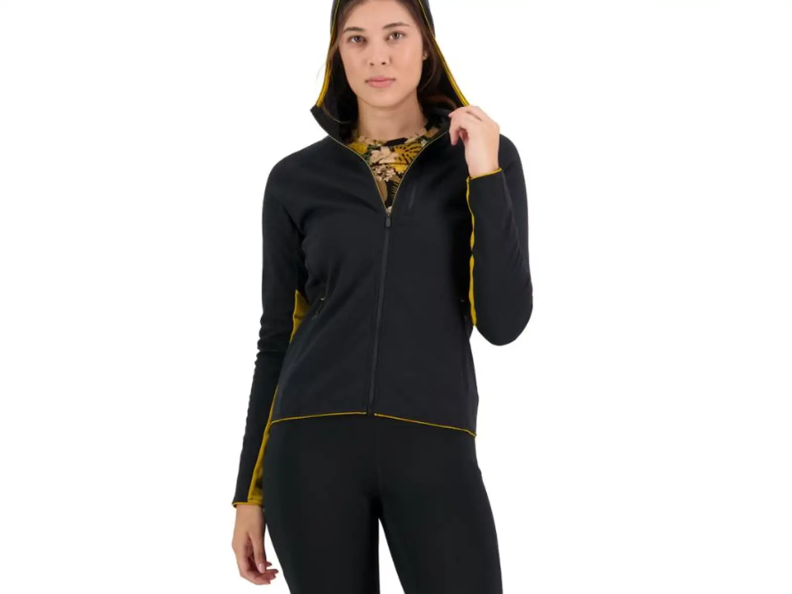 Mons Royale Approach Merino Shift Fleece Hood Damen-Sweatshirt mit langen Ärmeln, schwarz.