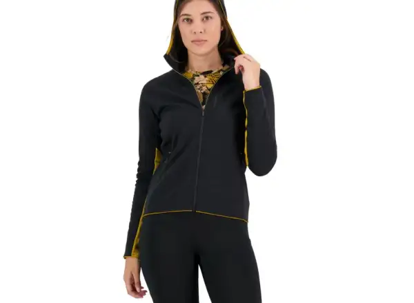 Mons Royale Approach Merino Shift Fleece Hood Damen-Sweatshirt mit langen Ärmeln, schwarz.