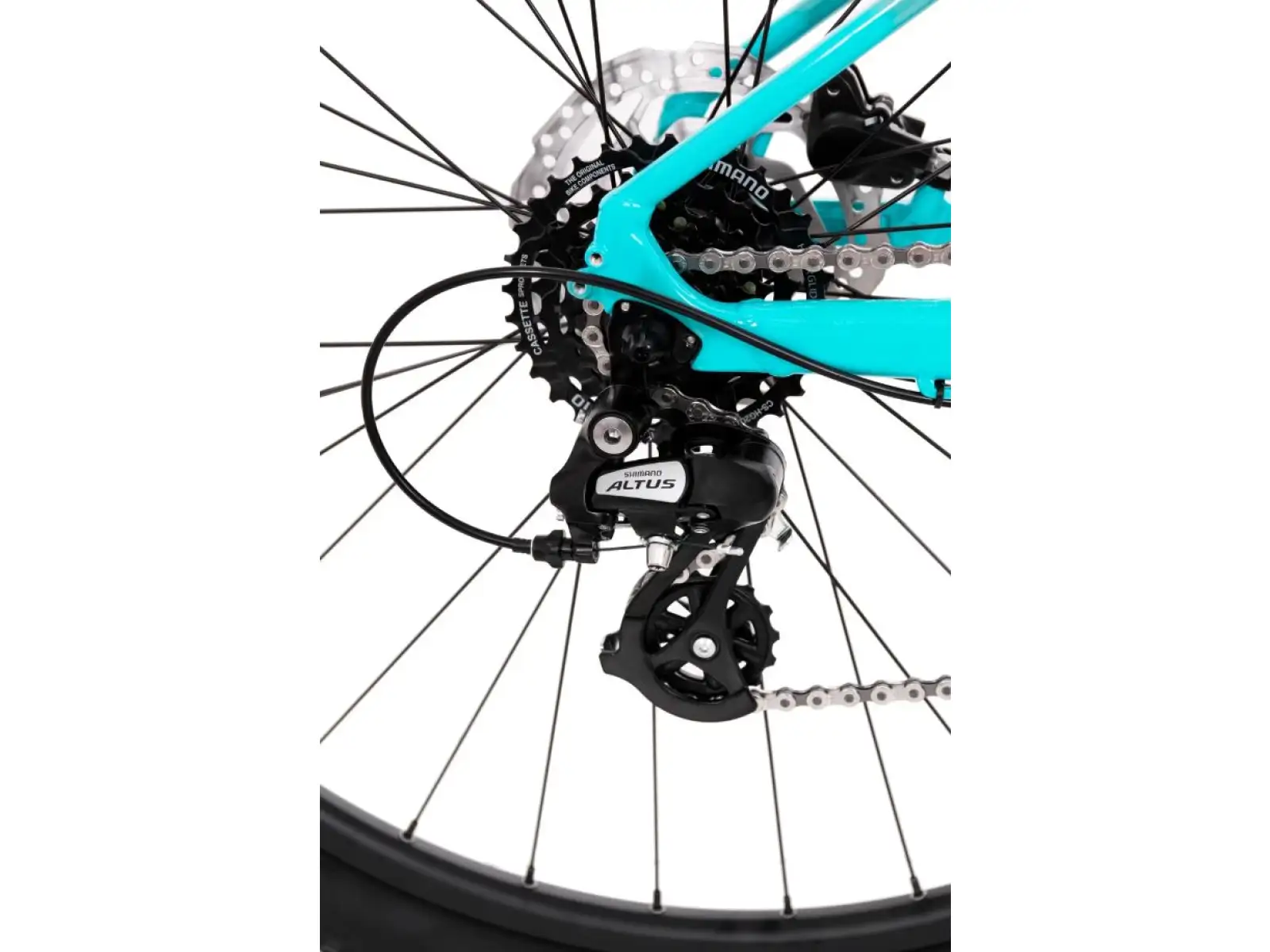 Rock Machine Catherine 10-29 in Neon Cyan/Petrol/Pink mountain bike.