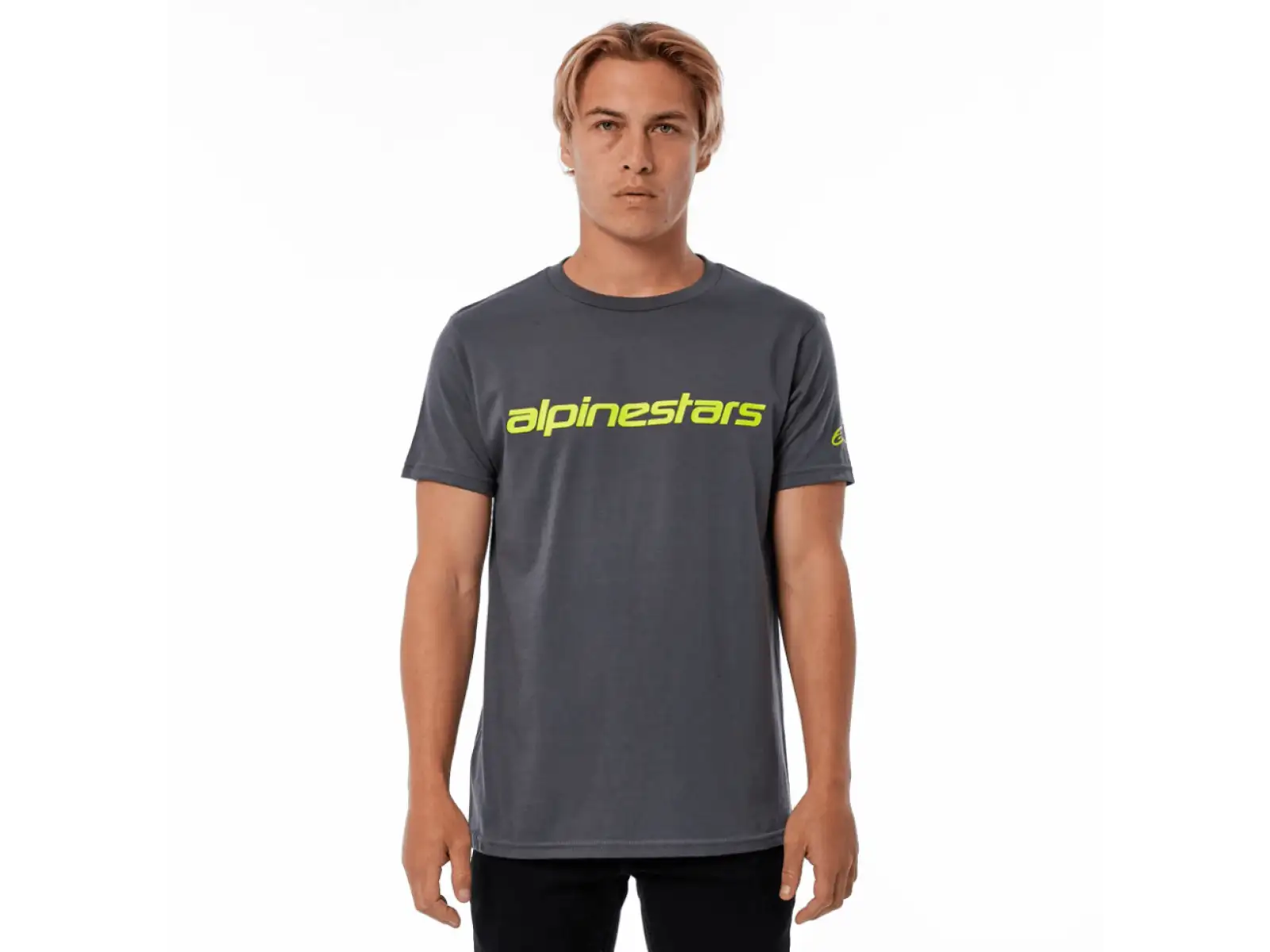 Alpinestars Linear Wordmark Herren-T-Shirt mit kurzen Ärmeln in Kohle/Neongelb.