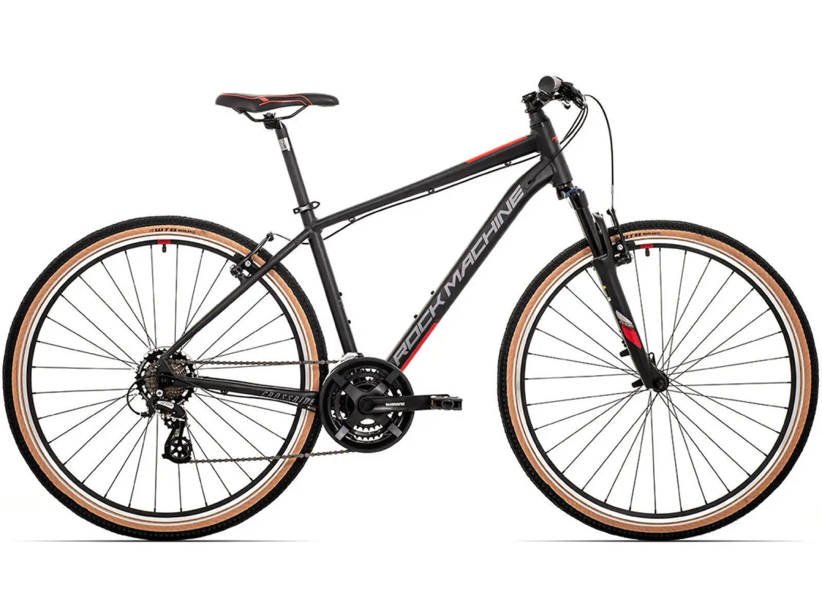 Rock Machine CrossRide 100 in mattem Schwarz/Dunkelgrau/Ziegelrot Trekkingrad.