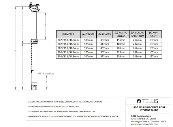 SDG Tellis 200 mm Teleskop-Sattelstütze 30,9×572 mm