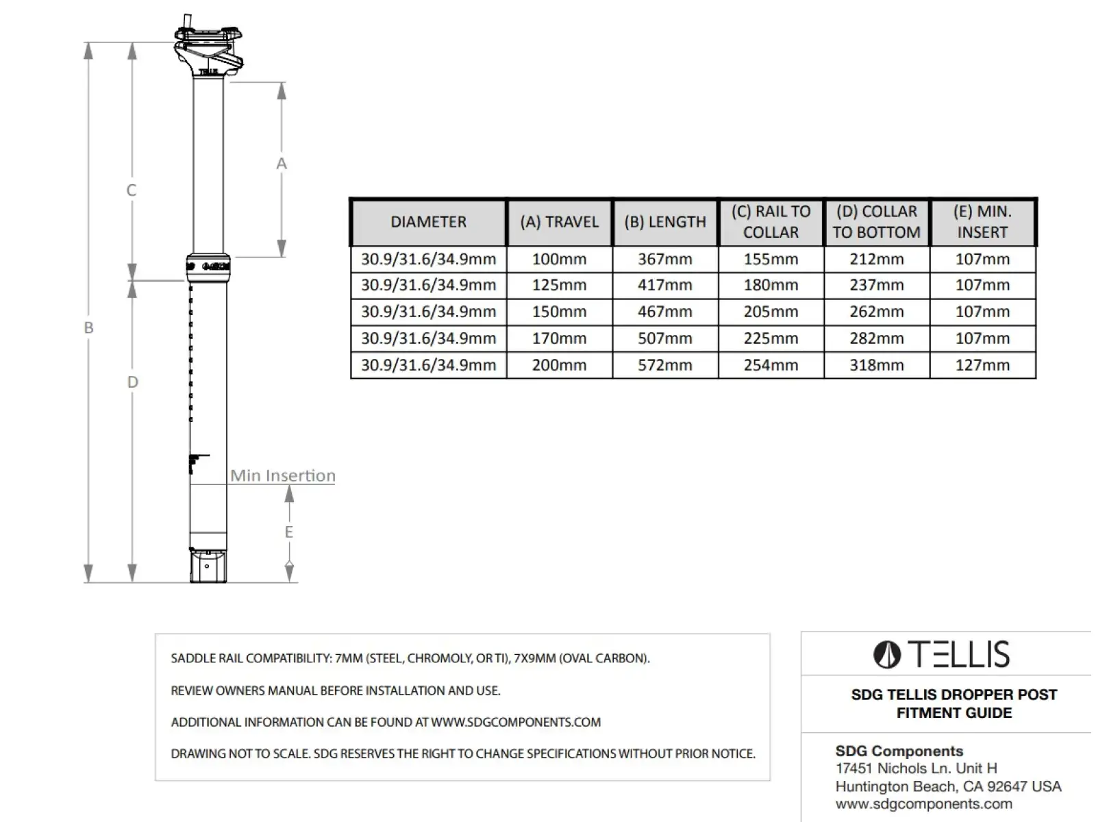 SDG Tellis 170 mm Teleskop-Sattelstütze 31,6×507 mm