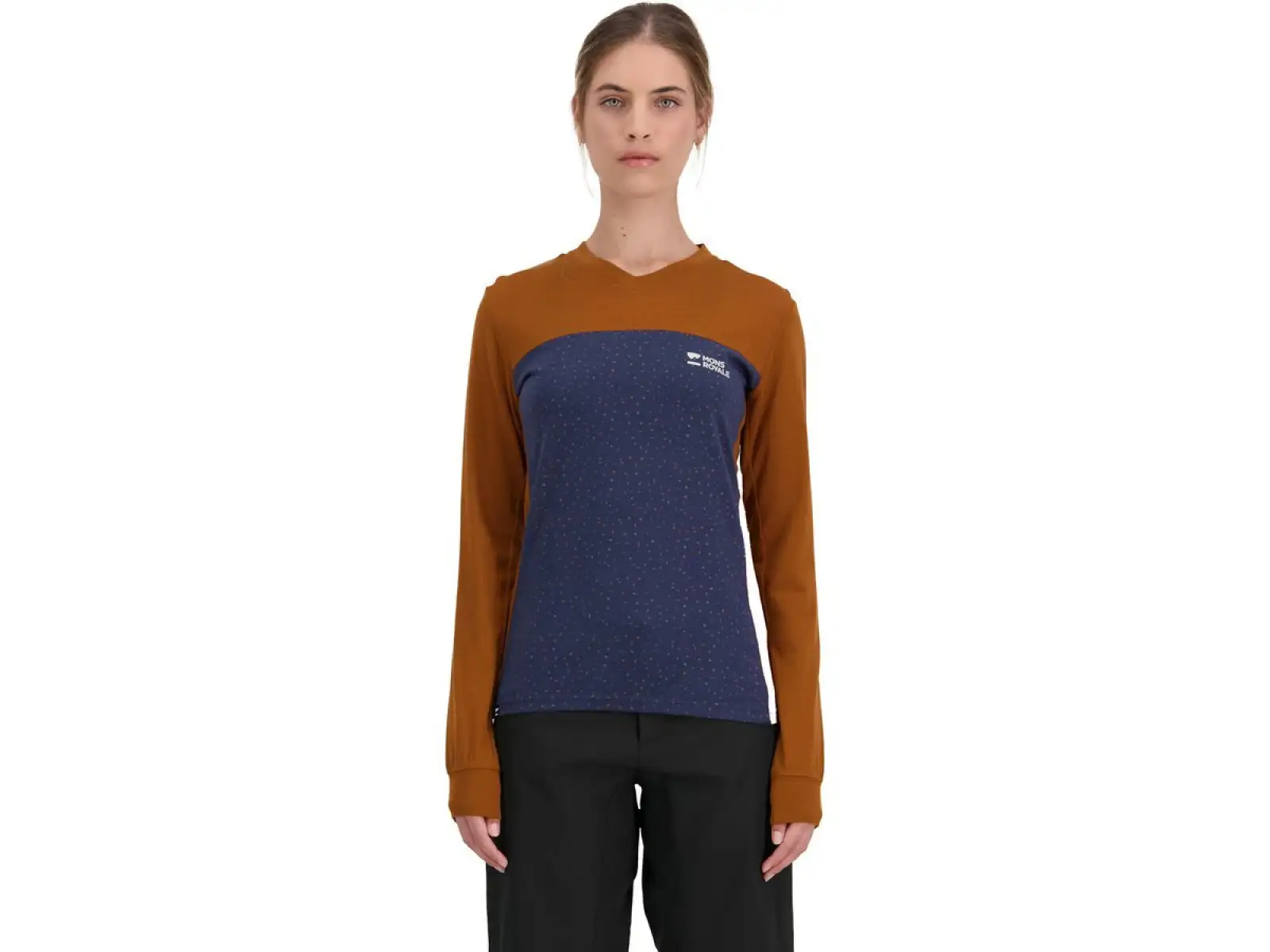Mons Royale Redwood Enduro VLS Damen-T-Shirt Midnight Terrazzo/Kupfer Größe S.