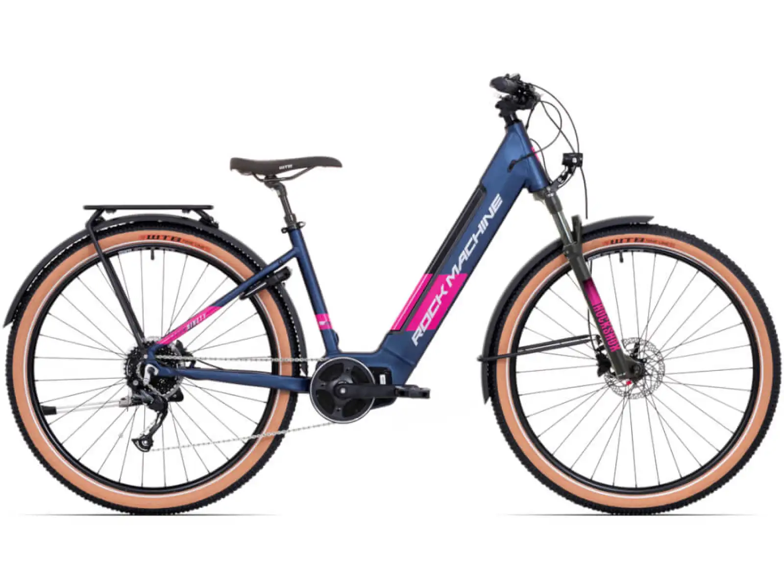 Rock Machine Storm INT e90-29 Damen-Touringrad in mattem Blau/Silber/Rosa Elektrofahrrad