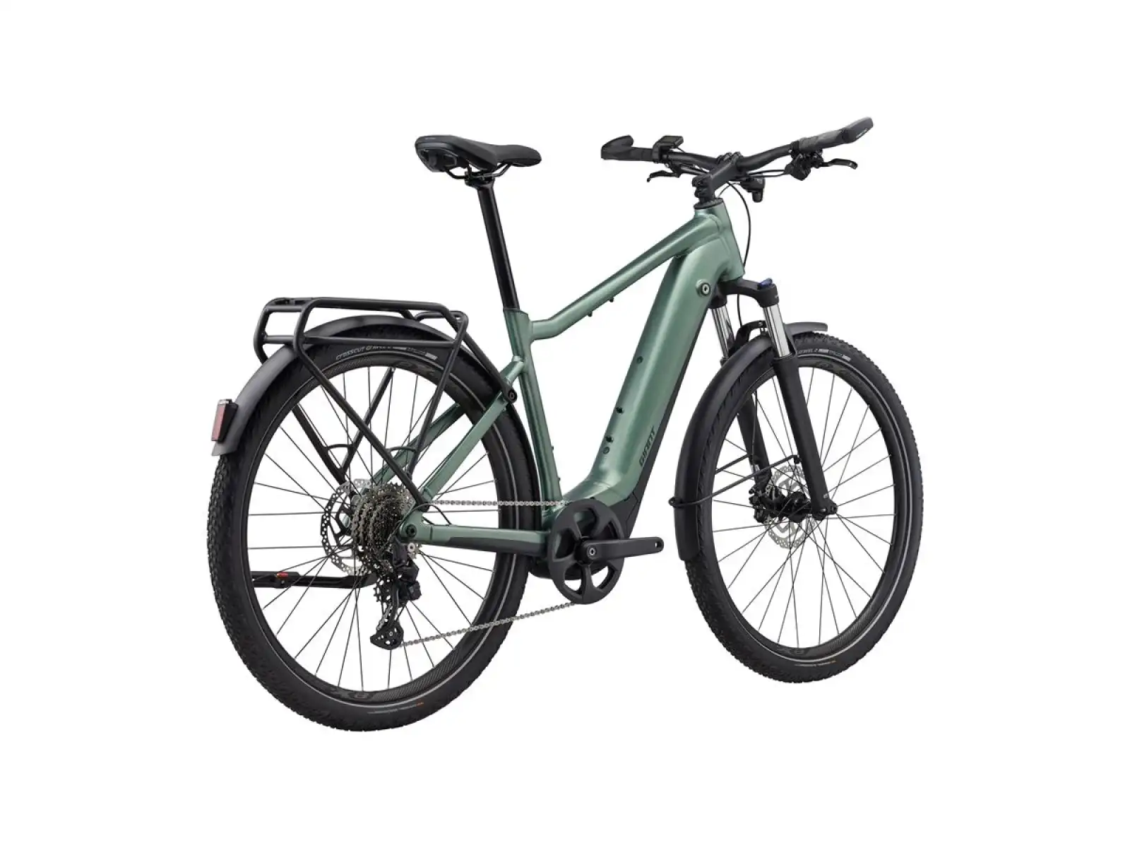 Giant Explore E+ 1 DD Trekking E-Bike im nebeligen Wald.