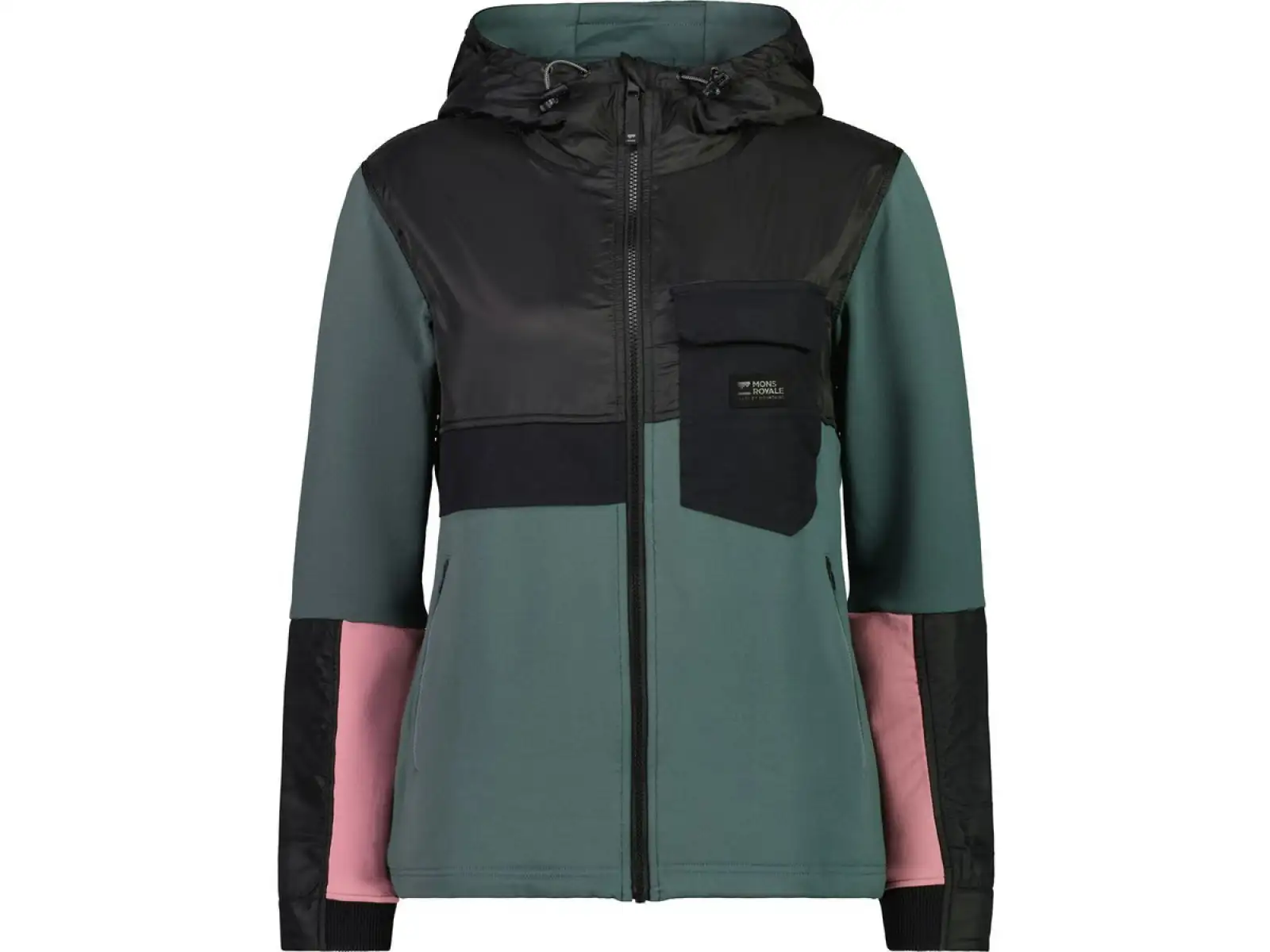 Mons Royale Decade Mid Hoody Damen Hoodie mit langen Ärmeln in Burnt Sage/Schwarz.