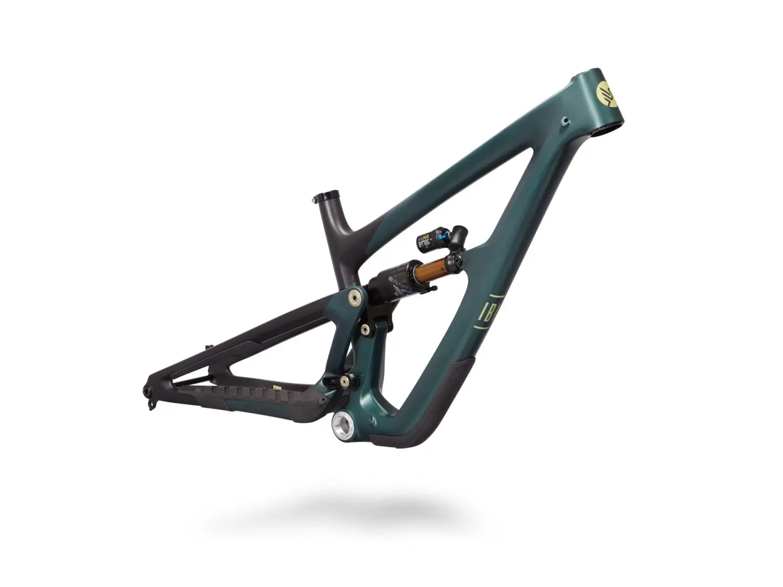Ibis HD6 Rahmen mit Fox X2 Factory Series Dämpfer in grün.