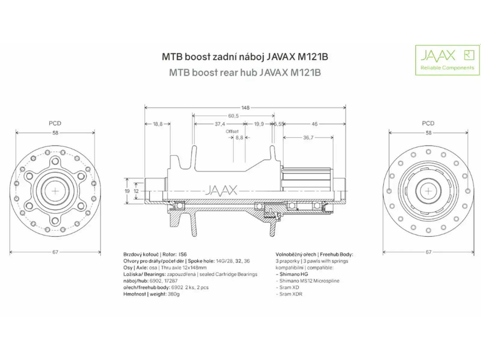 Javax hintere Boost Nabe M121B Disc 6 Loch 32 Loch Shimano 12x148 mm
