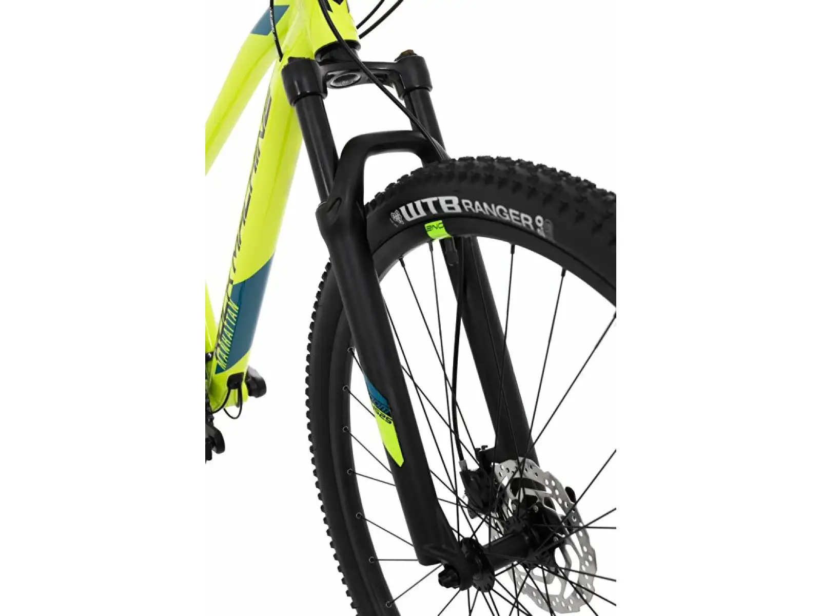 Rock Machine Manhattan 40-29 Mountainbike in Gloss Radioactive Gelb/Schwarz/Petrol Blau.