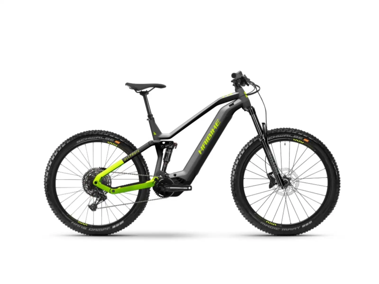 Haibike AllTrail 9 vollgefedertes E-Bike in Titan/Limette/Schwarz.